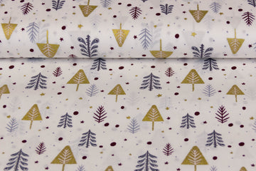 Baumwollwebware Weihnachtsbäume, weiß, gold, 0,5 m